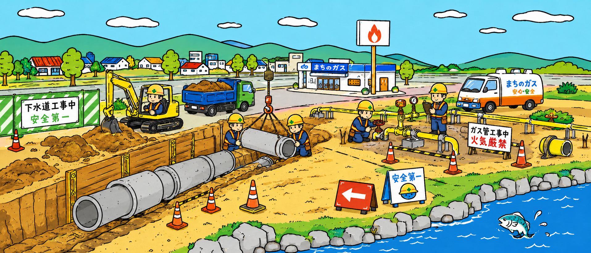地域の暮らしを守る工事現場のイラスト